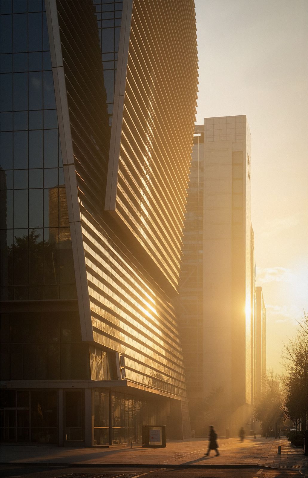 Rua entre torres de vidro com luz do sol filtrada pela névoa